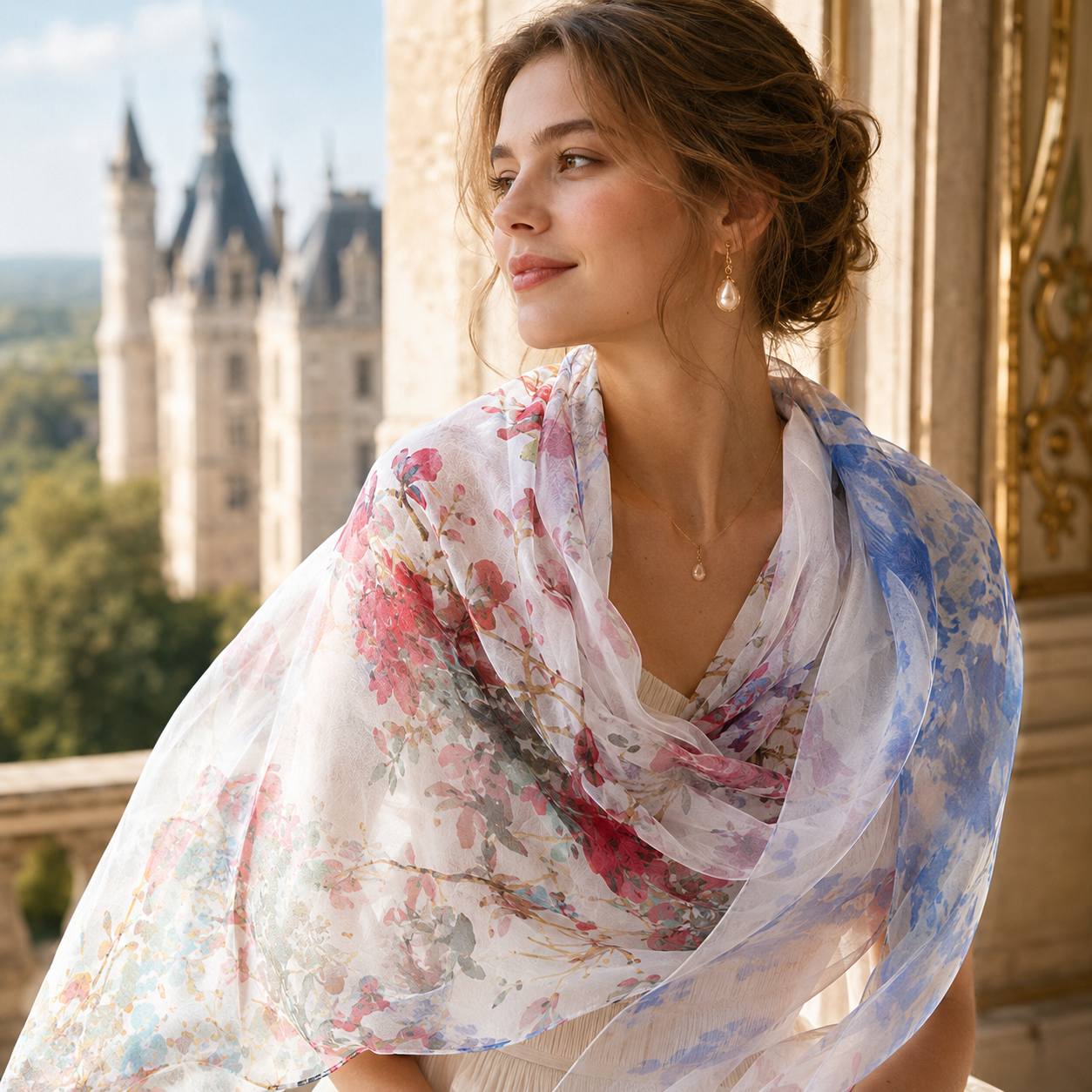 TEMU 1pc 1pcs Bohemian Watercolor Floral Print 100% Shawl Suitable For Women, Lightweight Elegant Long Neck Wrap, Decorative Shawl For Weddings,