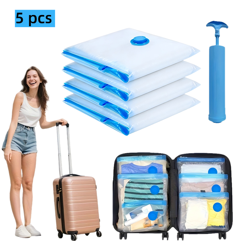 5pcs Vacuum Storage Bag Set with Manual Pump, Durable and Space-Saving
