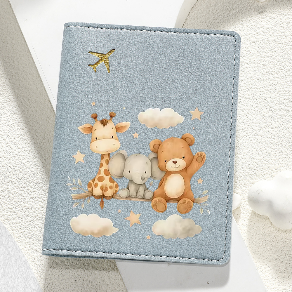 TEMU 1pc Cartoon Print Passport Holder - Cute Giraffe, Elephant, And Teddy Bear With Stars And Clouds Travel Organizer Clip - Birthday Gift For Wife,