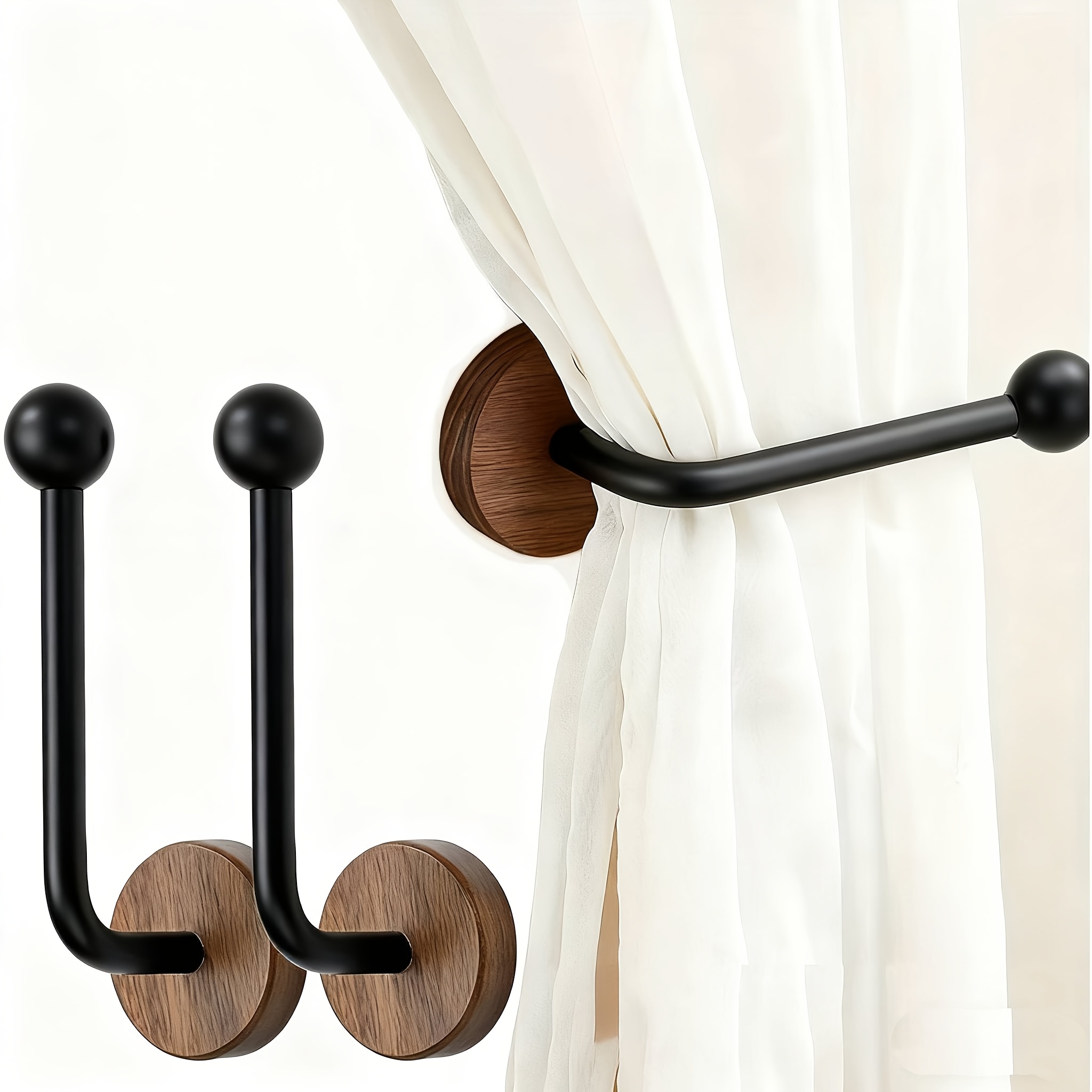 item picture 2pcs self   curtain tacks hooks curtain tieback hooks no drilling wall mounted fas walnut base utility hook heavy duty   panel and wood suitable for curtains panels