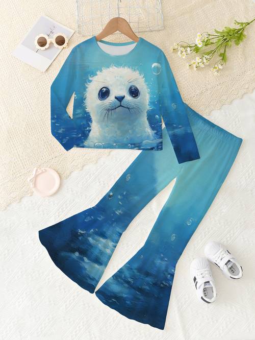Random Print Full Print Whimsical Novelty Holiday Long Sleeve Short T-Shirt And Flared Pants Set, Seal Bubble Print Girls Gift Party New Outdoor Sports Casual, for Outdoor