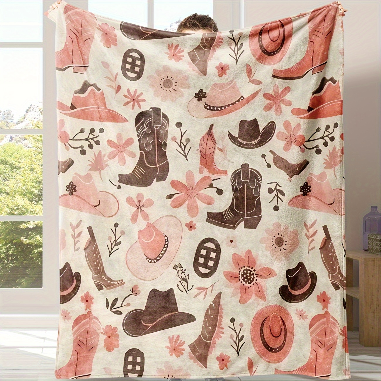 TEMU Western Style Pink Boots Print Flannel Blanket - Comfortable And Soft, 100% Polyester Fiber, Warm And Anti-pilling, Machine Washable, Plush