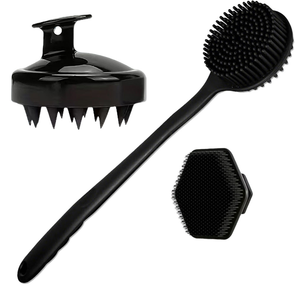 E-shop Badeset | Rückenbürste mit langem Stiel + Shampoo-Bürste + Gesichtsreinigungsbürste | Peelender Körperpeeling-Schwamm für die Dusche,