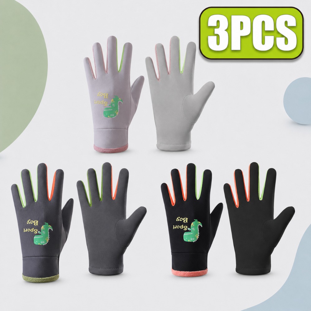 Image of 3pcs Winter Warm Ski Gloves, Cute Dinosaur Print Thermal Gloves, Thickened Outdoor Cycling Snowboard Gloves For Kids