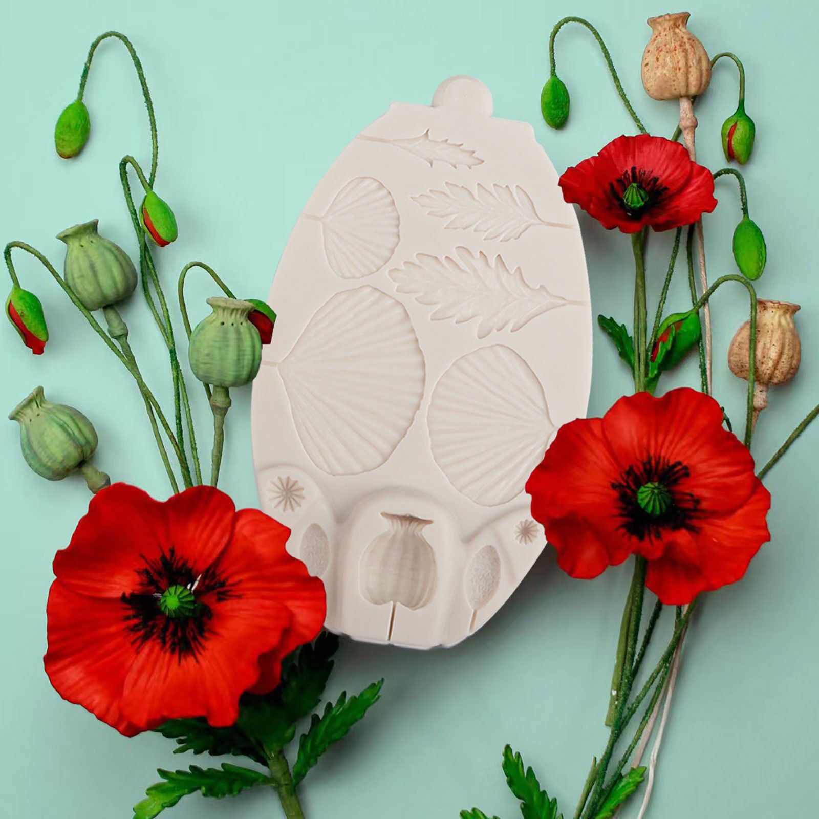 Image of Silicone Molds For Poppy Petals, Leaves, Seed Heads, , And Flower Buds. Suitable For Decorating And Soft, Syrups, And Dried Clay, As Well As Utensils And Adhesive Molds
