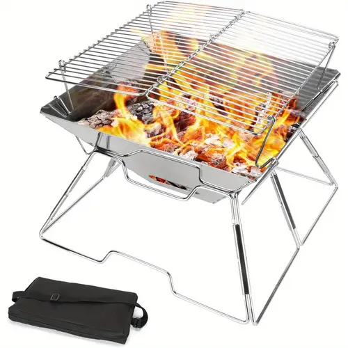 portable folding campfire grill 304 stainless steel grate barbeque grill with legs compact outdoor camping grill for picnics backpacking and hiking carrying bag and kitchen tongs grilling accessories for outdoor grill