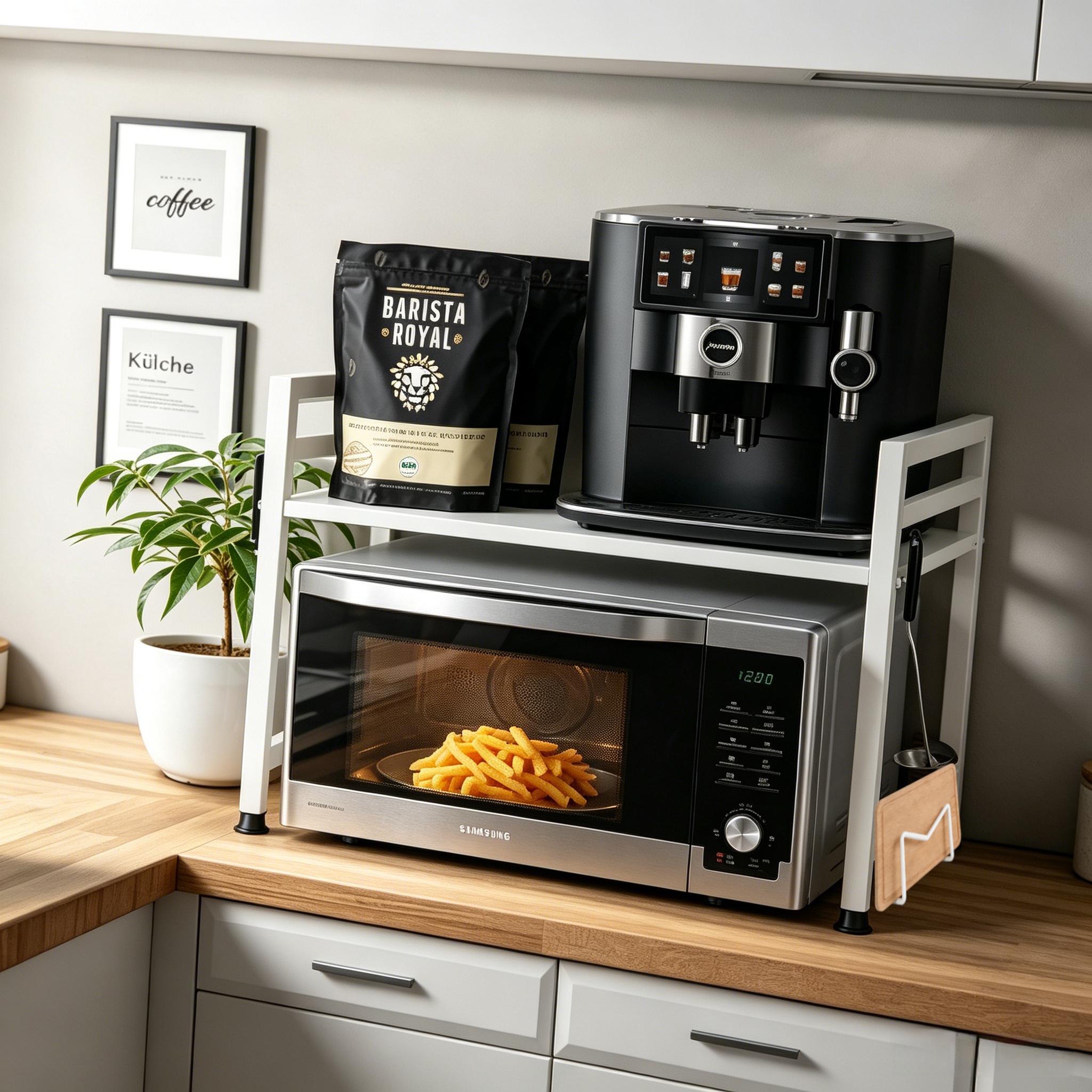 Image of Extendable 2-stage Microwave Shelf, Height-adjustable Carbon Steel Kitchen Stand With 6 Hooks, Space-saving Countertops Organizer Microwave, Oven& Coffee, Black