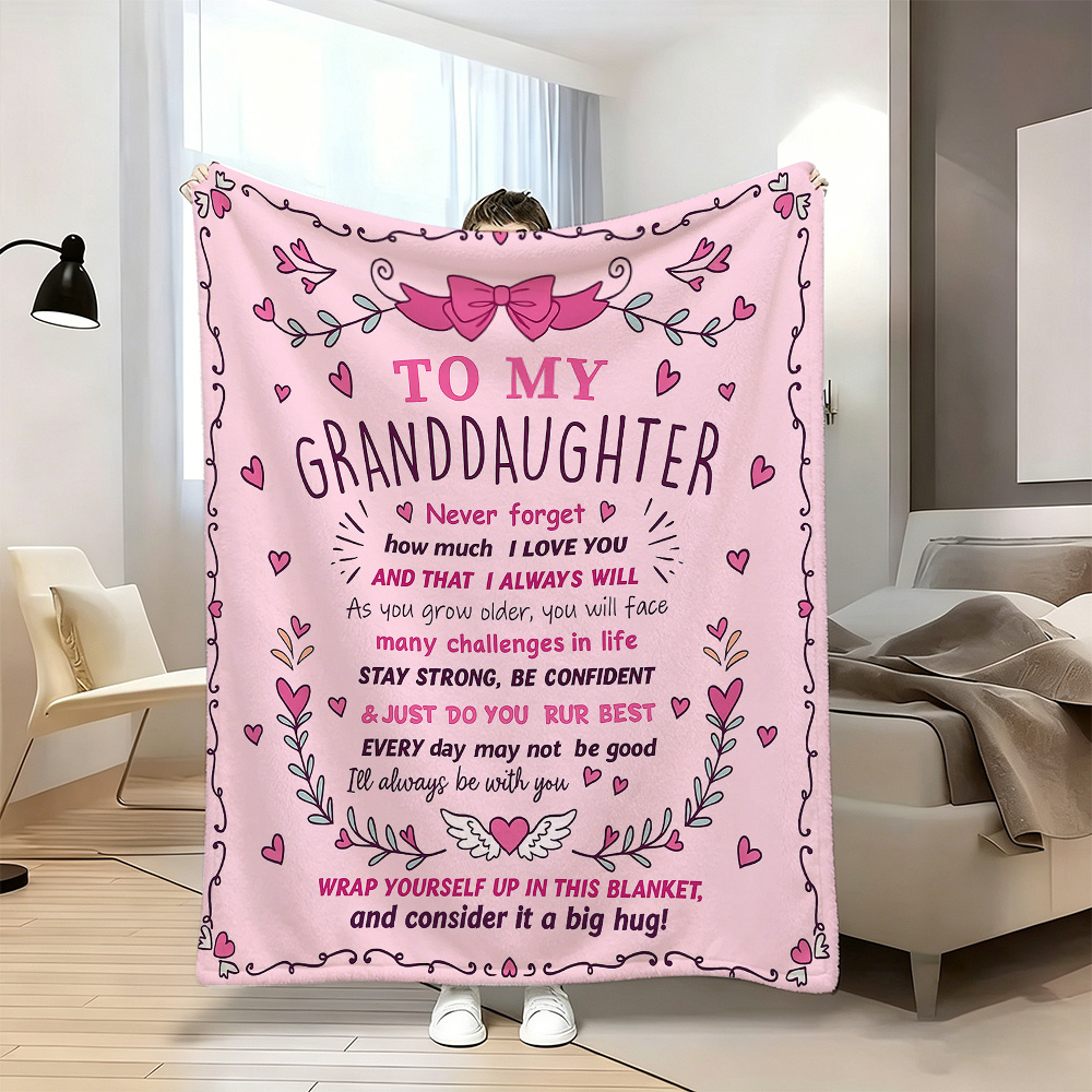 TEMU 1pc, Pink Heart Wreath With English Single-sided Print Flannel Blanket, Text Print Gift From Elders To Granddaughter, For Travel, Camping, Sofa,