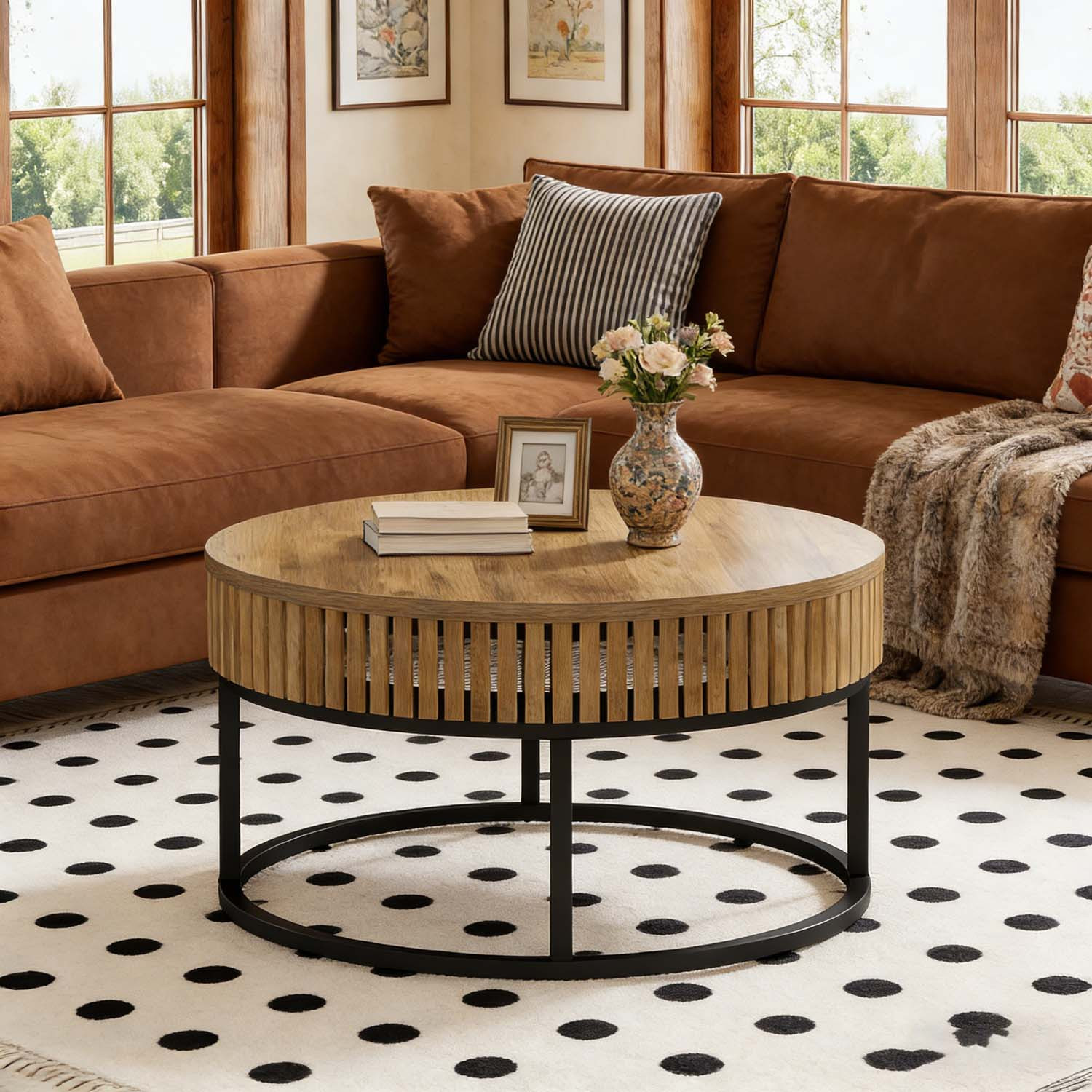 Light Brown -inch Farmhouse Round Coffee Table - Home Essential Daily Gift, Sturdy Cocktail Center Table With Stable Structure, Multipurpose Accent Table For Living Room, 1pc