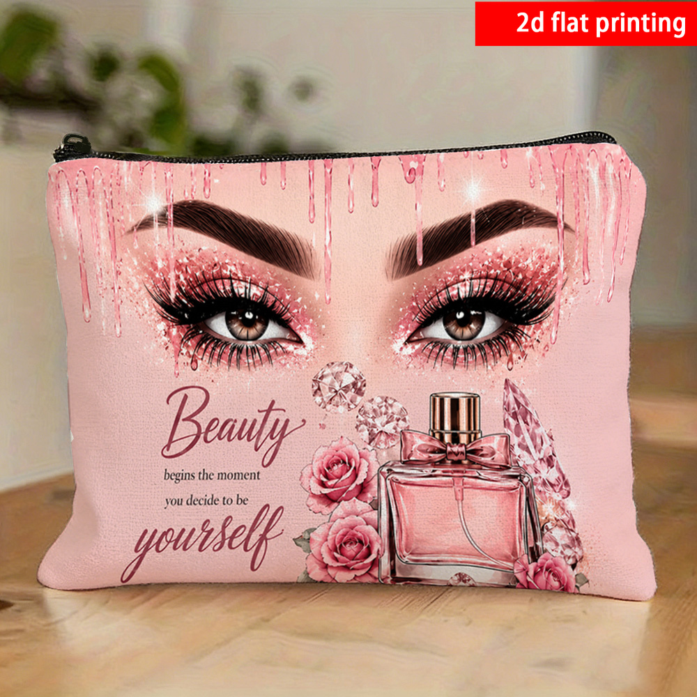 TEMU Bolsa de maquillaje 2D para impresión, 1 pieza, bolso rosa con para ojos, perfume, rosa, cosmético, bolsa de almacenamiento portátil con