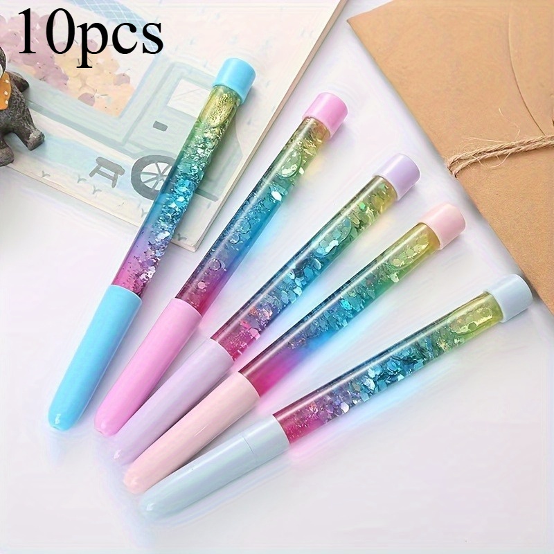 TEMU 10pcs Glitter Quicksand Gel Pens, Medium Point Quick-drying Rollerball Pens, Cute Creative Colorful Signature Pens For Girls, Plastic Material -
