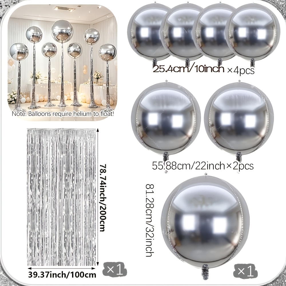TEMU 8pcs Silvery Disco 4d Foil Balloon Party Decoration Set, Includes 32-inch, 22-inch, 10-inch Mirror Ball Balloons And Silvery Tail Tassel