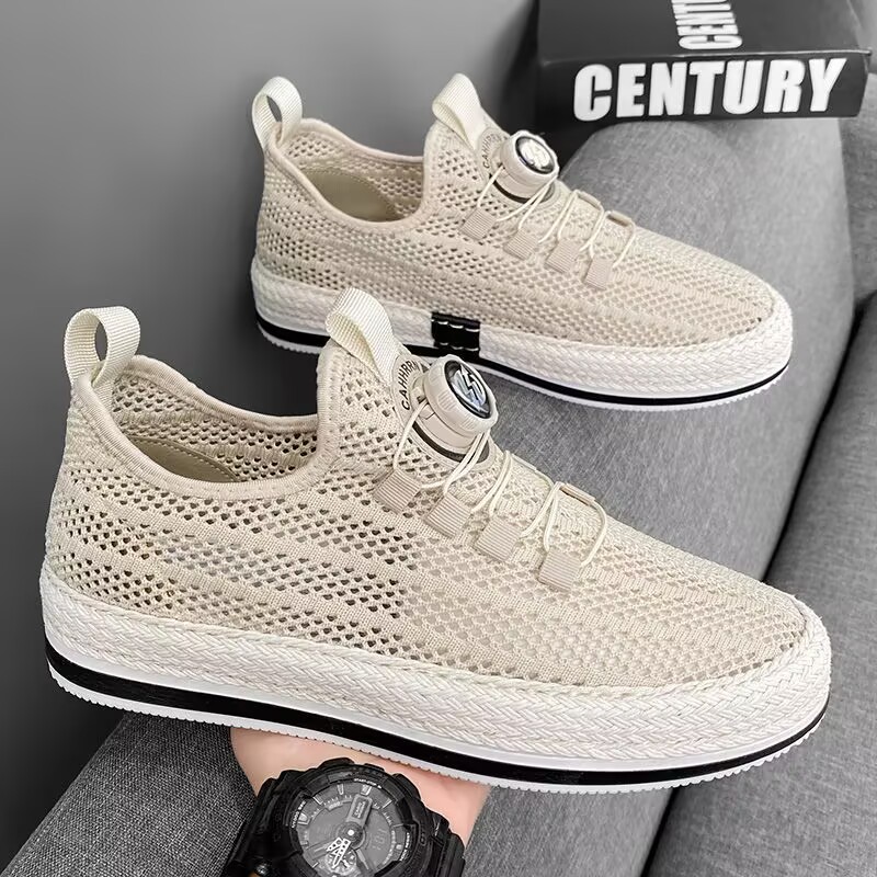 Men's Casual Shoes, Straw Woven Rotating Buckle Fisherman Shoes, Large Mesh Hollow-Out Skate Shoes, Breathable Slip-On Loafers for Men
