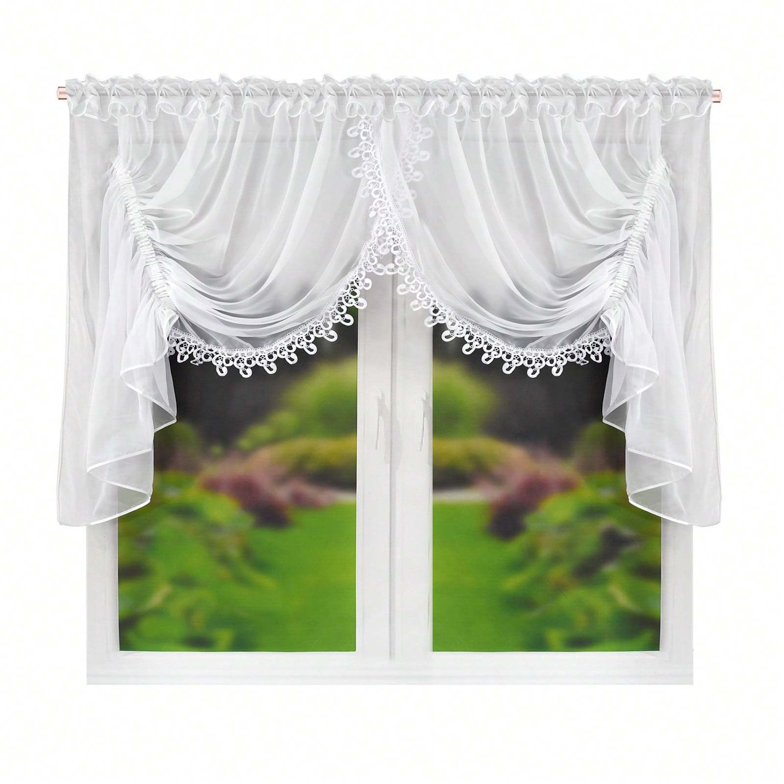 TEMU 1pc Elegant And Simple White Short Curtains With Delicate Lace And 2 Pleated Bands, Easy To Pull The Curtains To The Sides, Rod For Easy Hanging