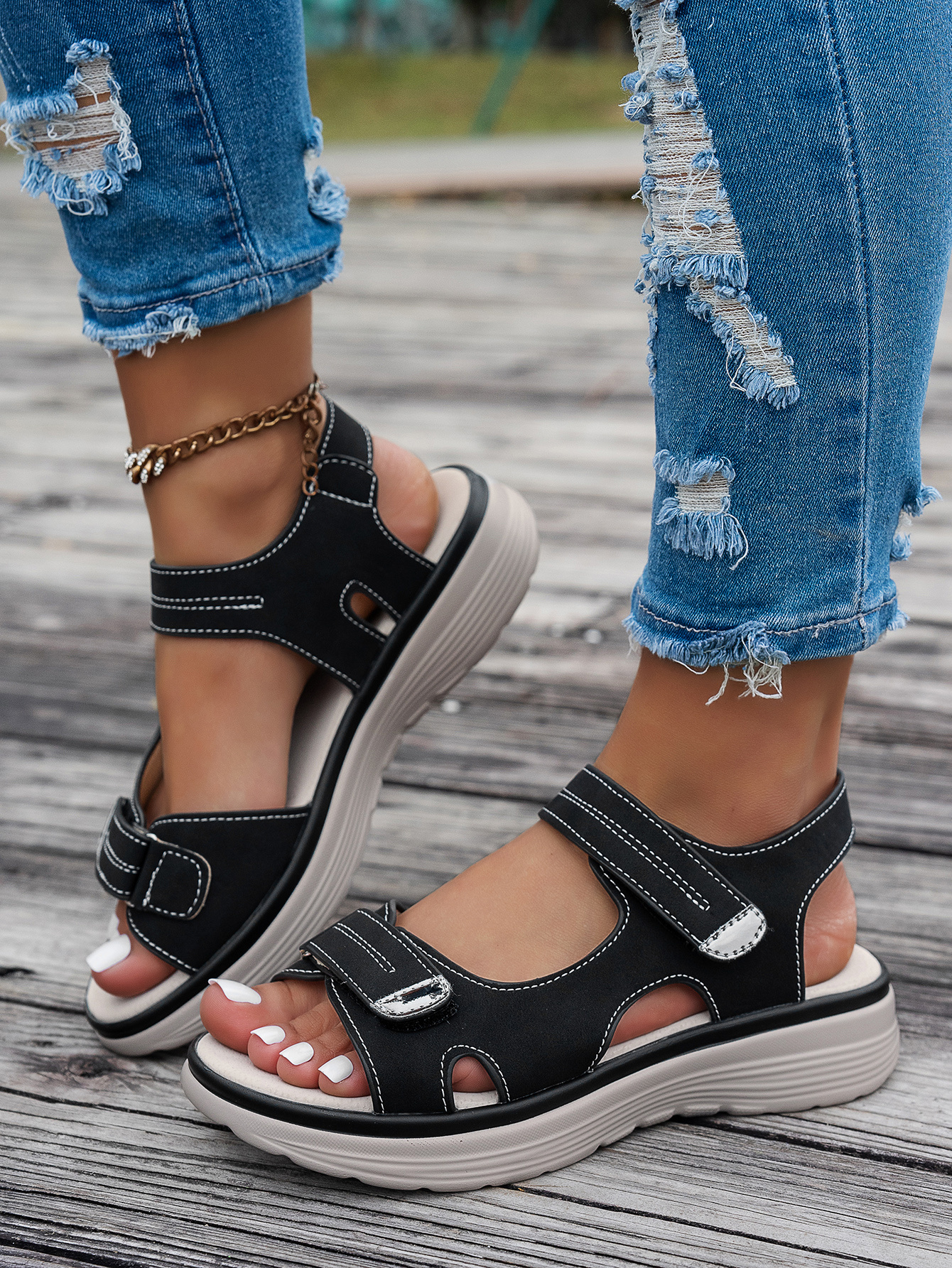   womens ankle strap sandals thick platform wedge heel breathable pu cover open toe casual   with cushioned insole secure straps for summer   Product details 4