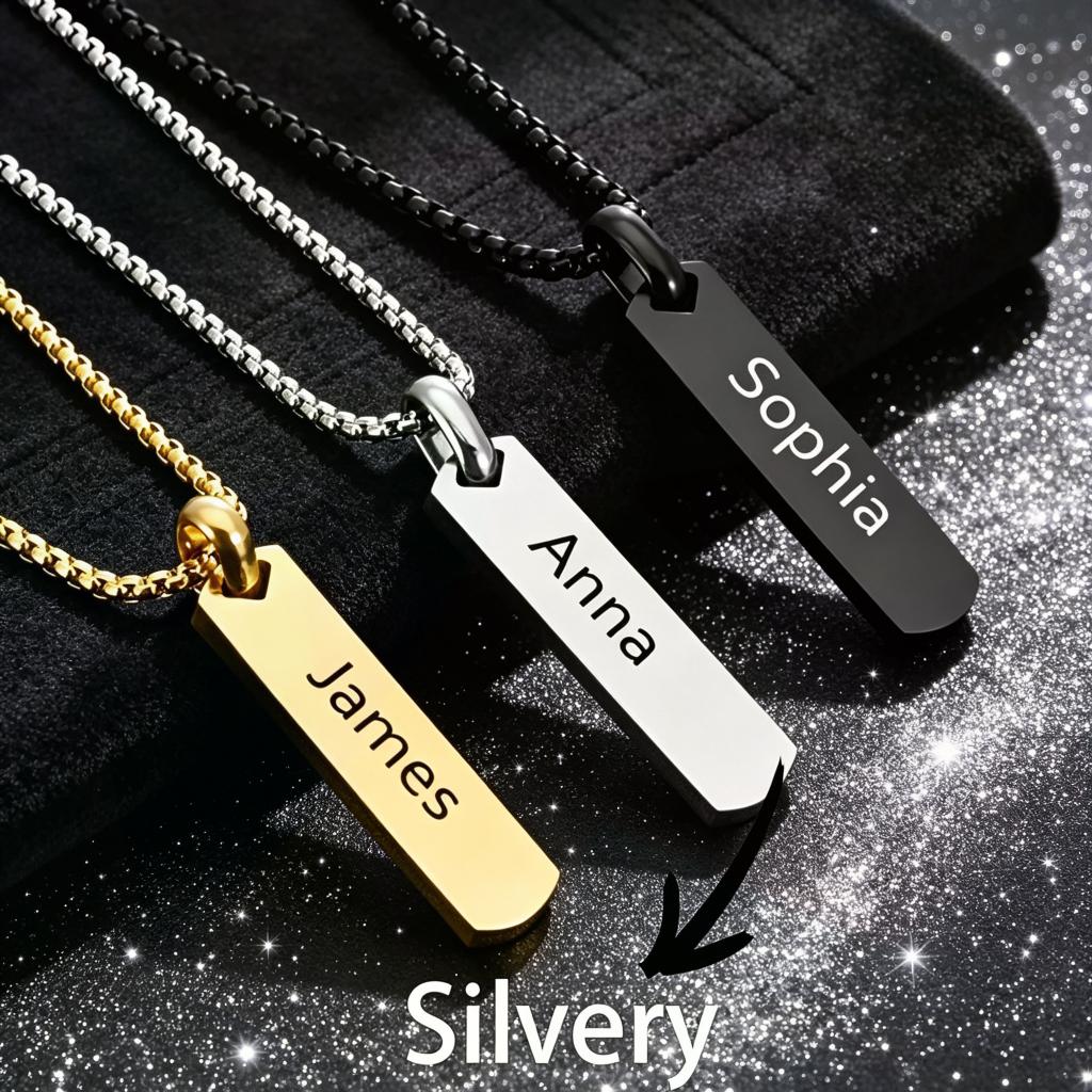 TEMU Custom Engraved Vertical Bar 304l 304l Stainless Steel Necklace High Polished Rectangular Tag Pendant Personalized Name Text Jewelry Minimalist