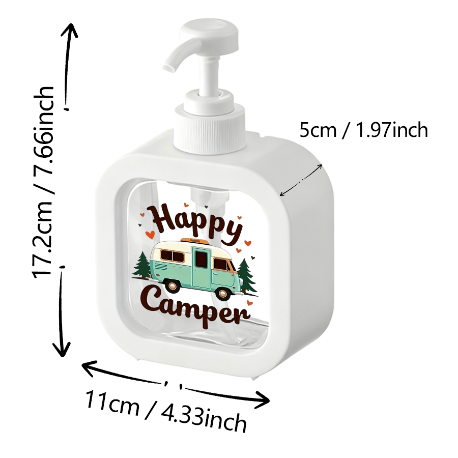 TEMU 1 Distributeur de shampoing rechargeable avec pompe à main - Motif camping- avec cœur et pin, "", décoration mignonne, parfaitement adapté pour