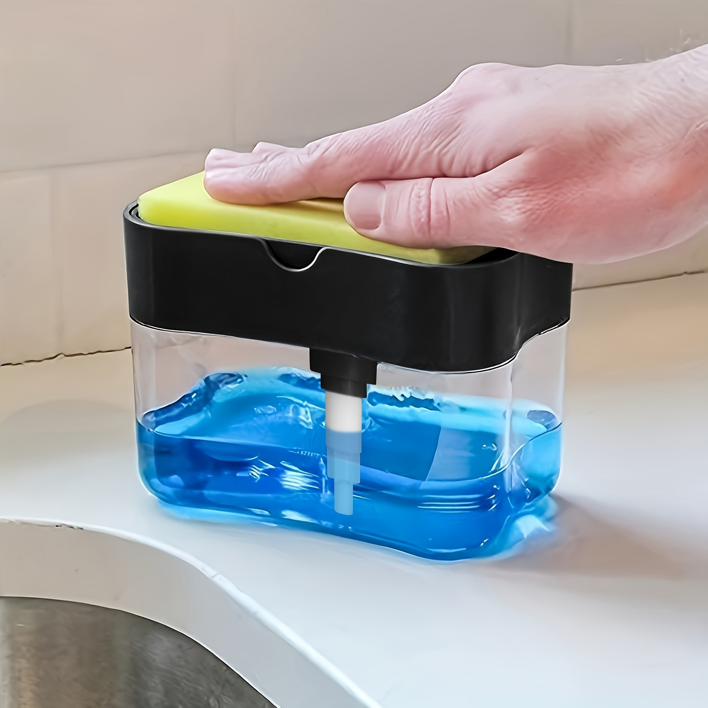 Elegante dispensador de jabón para platos plateado con soporte para esponja, operación manual, no requiere electricidad, adecuado para fregaderos de cocina, uso doméstico y otros materiales plásticos para uso hotelero