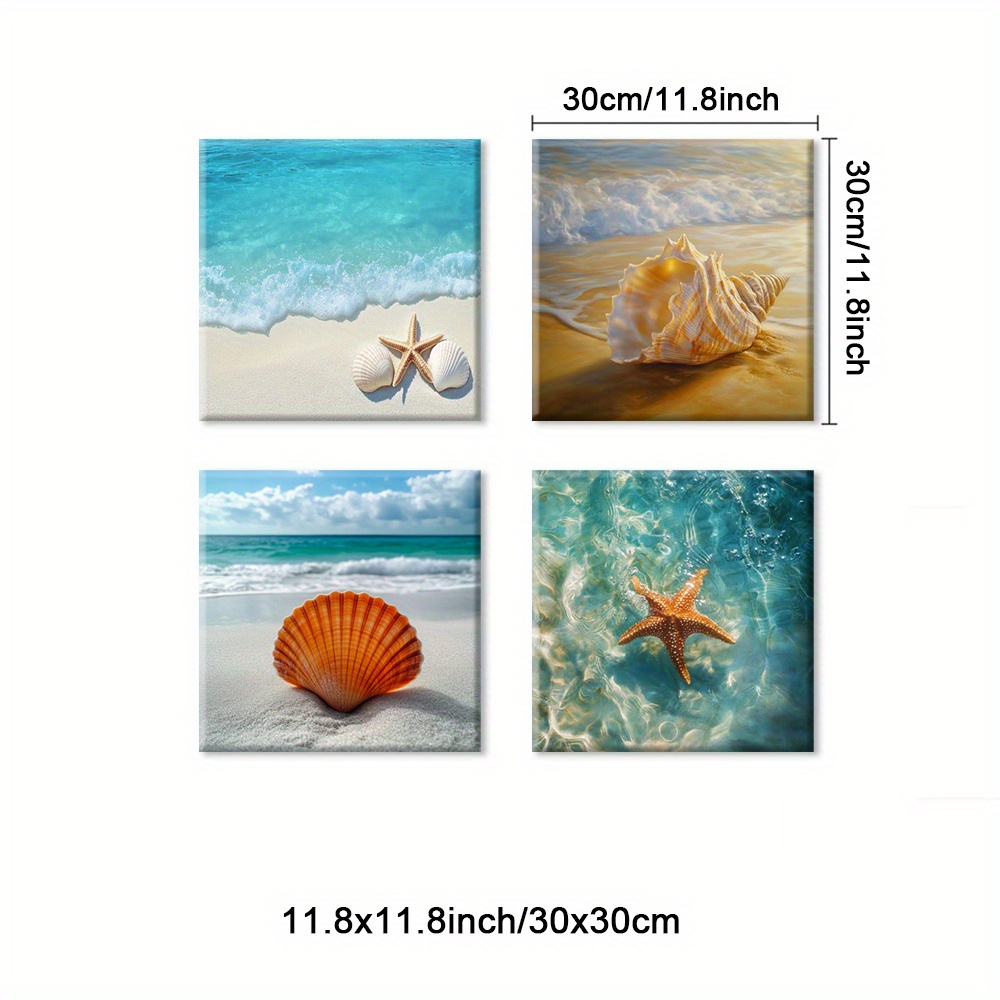 TEMU 4pcs Beach Poster, Sunlight Square Wall Art, Conch Art Prints, Sea Canvas Print, Starfish Paintings, Seashells Poster, Paintings, Decorative