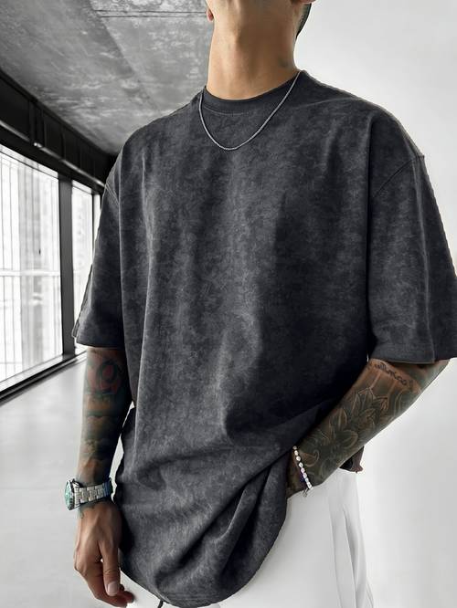 1pc mens oversized brushed t shirt retro washed short sleeve round neck loose fit tee brushed texture suitable for spring summer casual wear street style layering essential machine washable solid color t shirts for daily outfits
