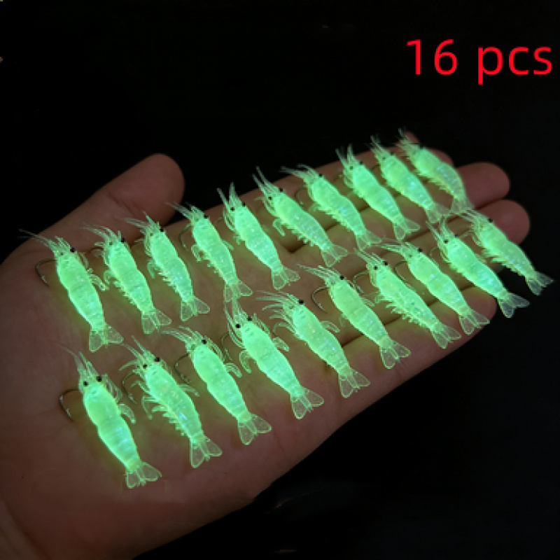 TEMU 2026 New 16pcs Glowing Shrimp Lure - Soft Plastic Bait That In The Dark With Hooks, Realistic Shrimp Jig For Night Fishing In Freshwater And Saltwater, Perfect For , Trout, Crappie, Walleye, And