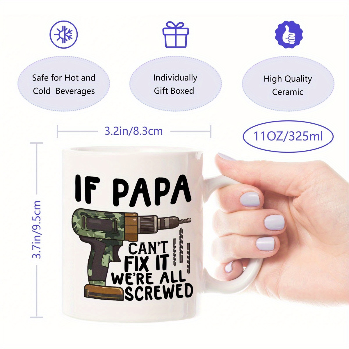 1pc 11oz ceramic coffee mug funny dad camo drill design with if papa cant fix it   all   quote dishwasher microwave safe cup perfect fathers day gift   drinkware for dad humorous gift   lettering sturdy construction 3