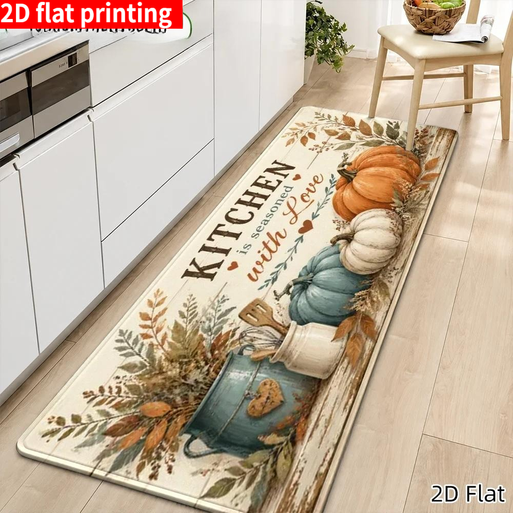 TEMU 1pc Autumn Farmhouse Kitchen Suitable For Thanksgiving, Thick Cozy Flannel Mat With Rustic Pumpkin Leaf Pattern, Machine Washable Suitable For