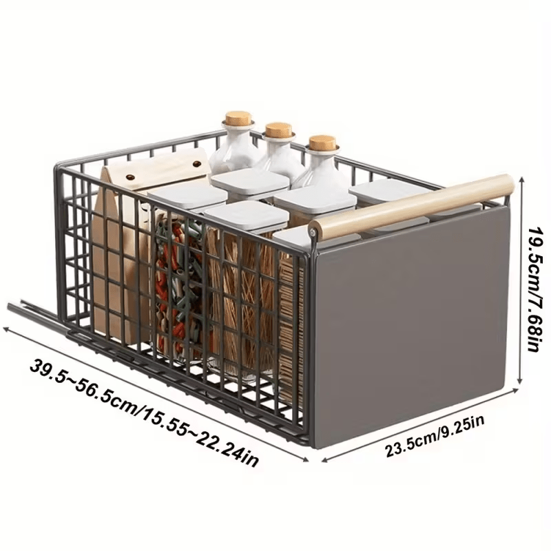 TEMU Cesta de almacenamiento extraíble deslizante de acero al carbono con asa de madera, ancho ajustable para gabinete de cocina o cuarto de