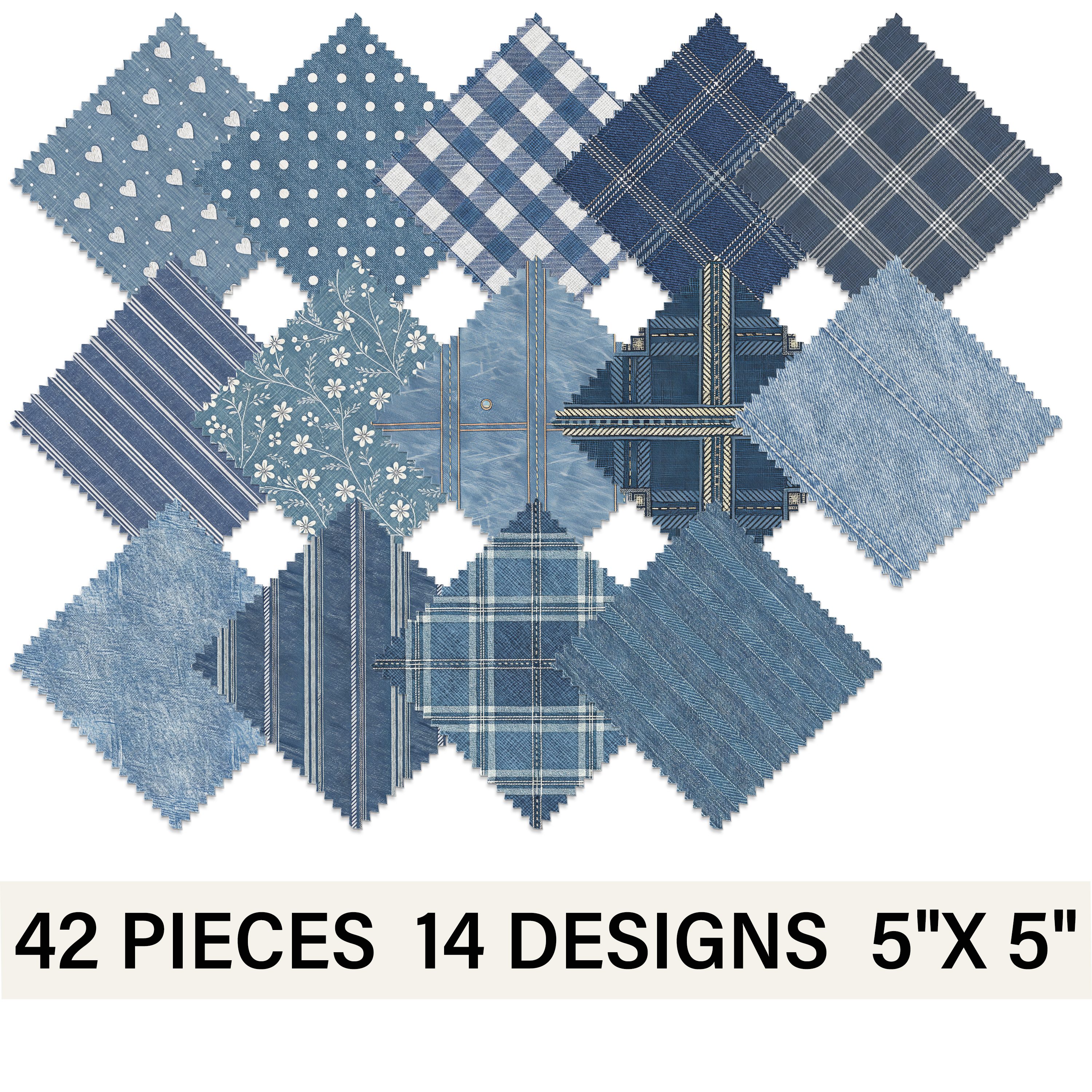 TEMU 42pcs Denim Blue Charm Pack Fabric Suitable For Handmade Diy - 14 Pre-cut Patterns With 3pcs Each, Plaid & Polka , Material For Quilting Crafts,