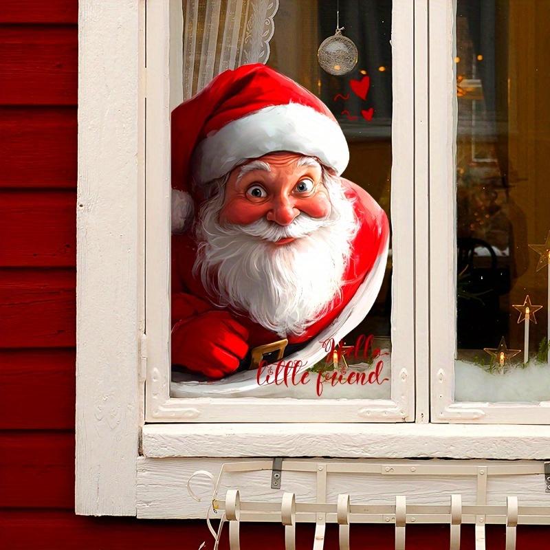 TEMU 1pc Simulated Santa Claus Double-sided Visual Pattern Glass Window Sticker - 7.87x11.81 Inches, Red And White Plaid, Self-adhesive, Traditional
