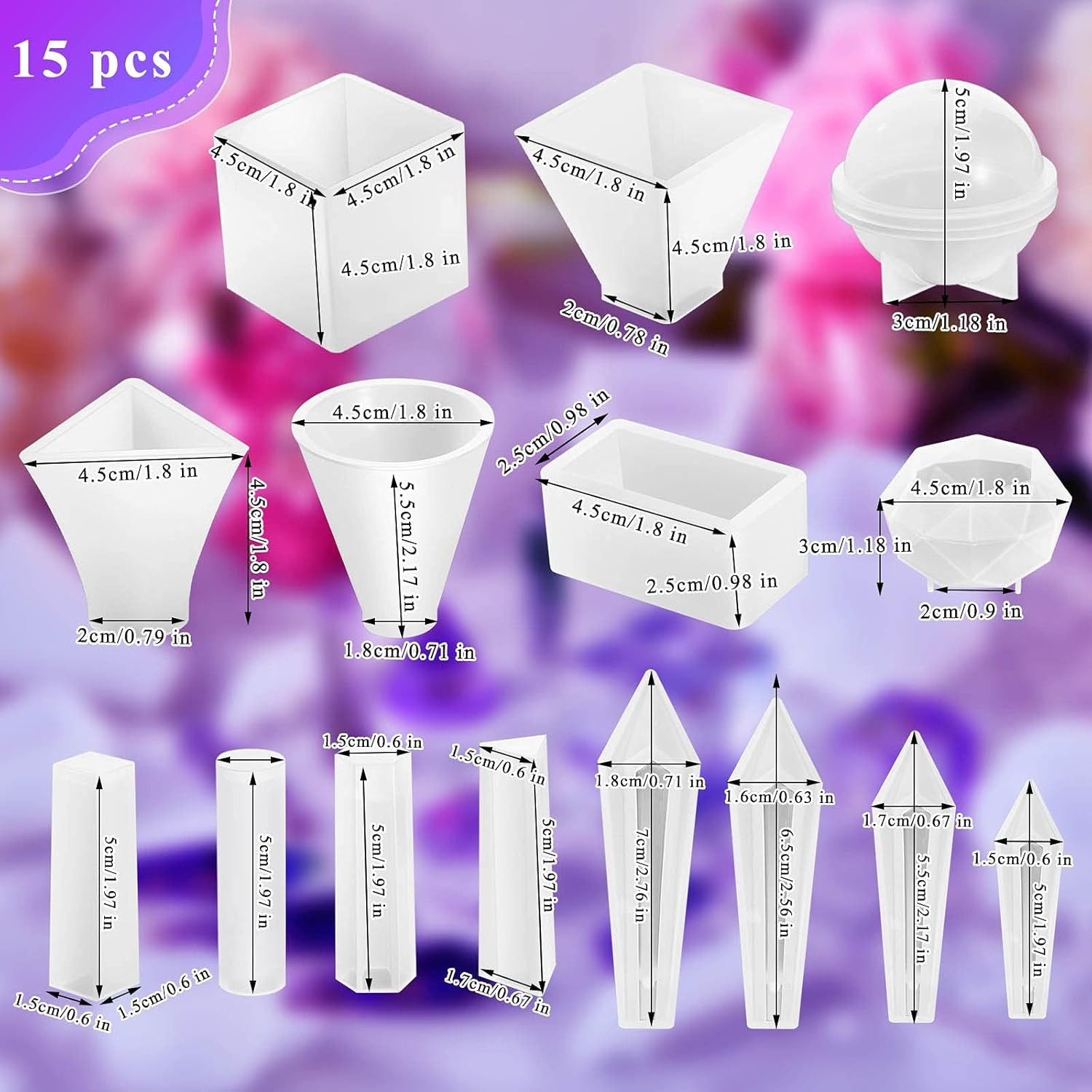 Image of Set Of 15 Silicone Molds For Crystal Resin, Featuring Shapes Like Pyramids, Round Cones, Spheres, Triangular Cones, And Multi- Gemstone Cube Holders, Perfect For Crafting Jewelry
