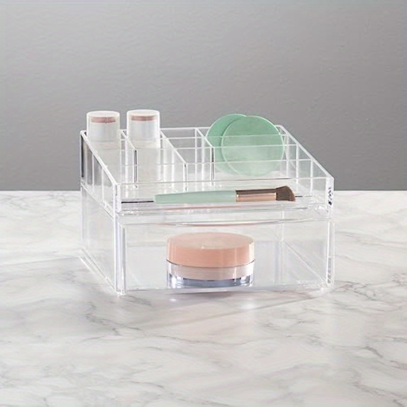   collection clear plastic divided makeup organizer bin with front drawer 11 compartment bathroom vanity storage for cosmetics brushes nail art tools durable countertop organizer space saving design 7 68x7x4 6in cosmetic storage organizer versatile use     material home organizers Product details 1