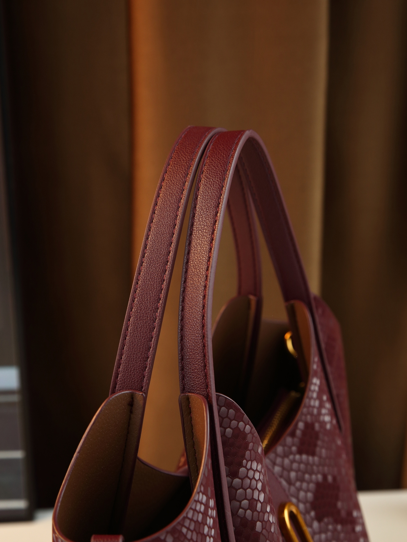 Coffee Gradient Snake Print Bucket Bag worn with light outfit