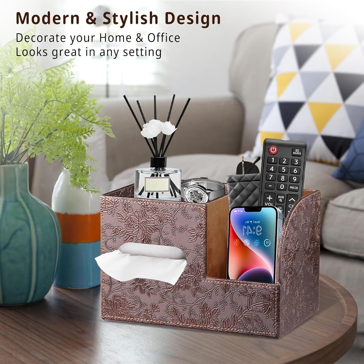 modern   leather tissue box cover with storage tray stylish facial paper organizer for bathroom vanity or nightstand   remote control holder and perfume bottle bathroom organizers and storage Product details 3