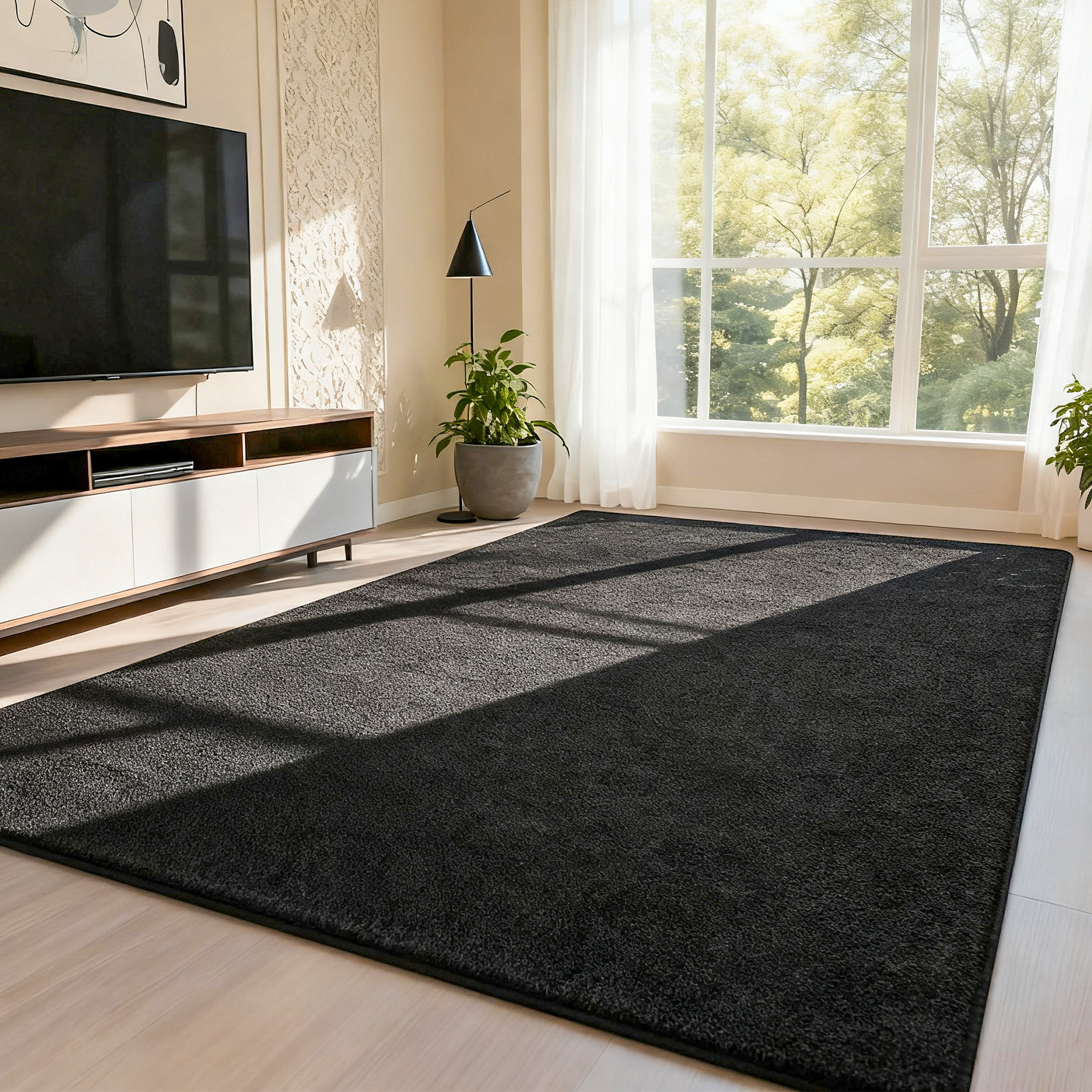 Image of Luxury Plush Rug 183x275cm - Living Room Carpet, Modern Black Long Pile Area Rug For Bedroom And Apartment