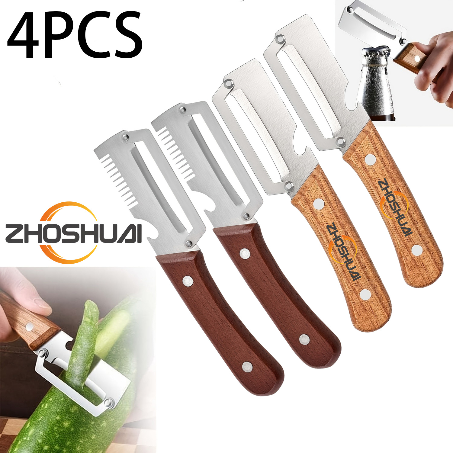TEMU 4pcs Heavy-duty Stainless Steel Fruit And Vegetable Peeler And Slicer Set, With Scallion Cutter. Multi-functional Kitchen Gadgets With Straight