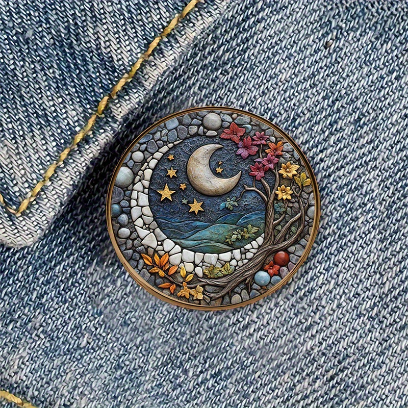 TEMU 1pc Night Sky Alloy Resin Round Brooch Badge Perfect For Backpacks, Hats, Clothes, Shoes, And Boots Decoration