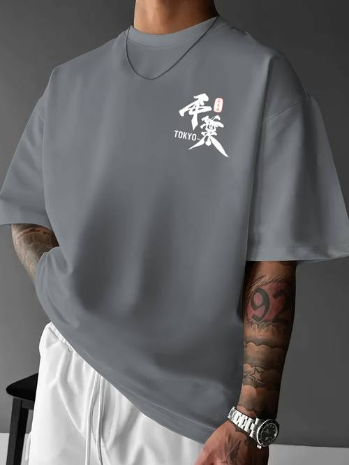 mens anime print short sleeve t shirt with samurai and hand drawn text design