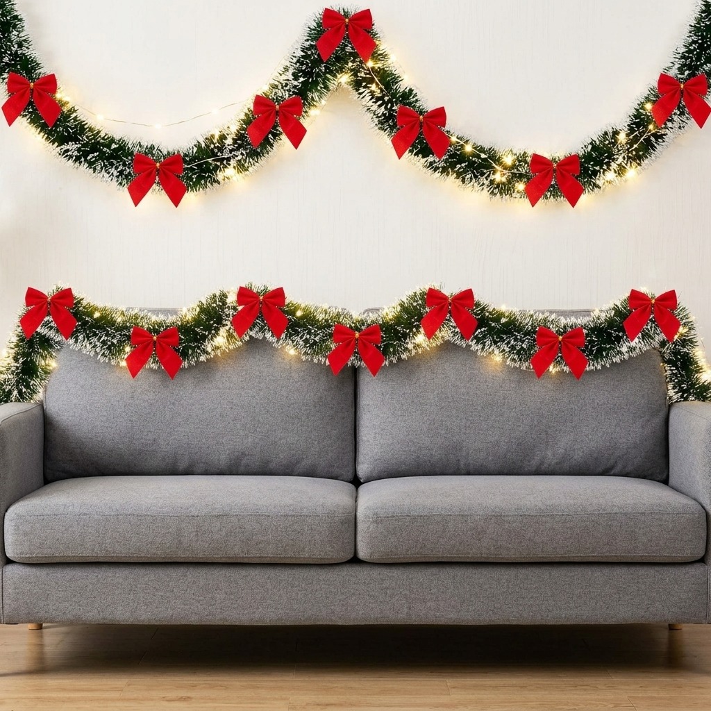 TEMU 2 sets donkergroene kerst rotan spray met sneeuw-effect, verlichte feestdagen-displays, 200 cm donkergroen met witte rand, geflockt lint en rode