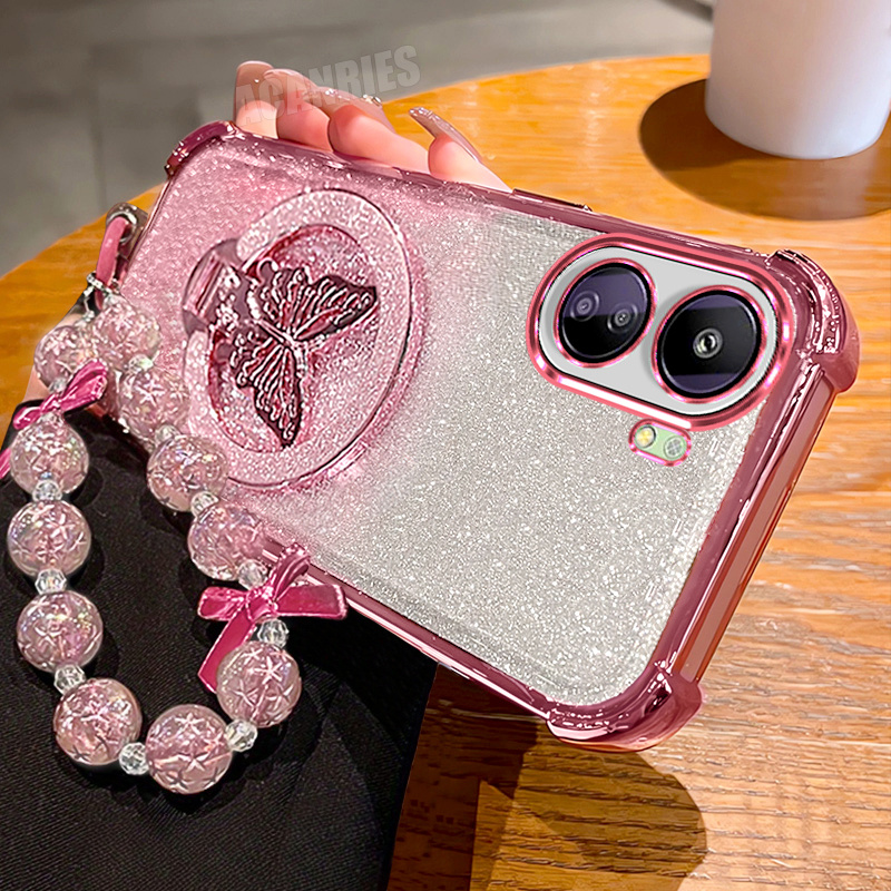 TEMU Phone Case: Redmi13c Luxury Glitter Bracket Folding Holder With Bead Lanyard Wrist Strap Chain And Gradient Plating Phone Case For Xiaomi 13c