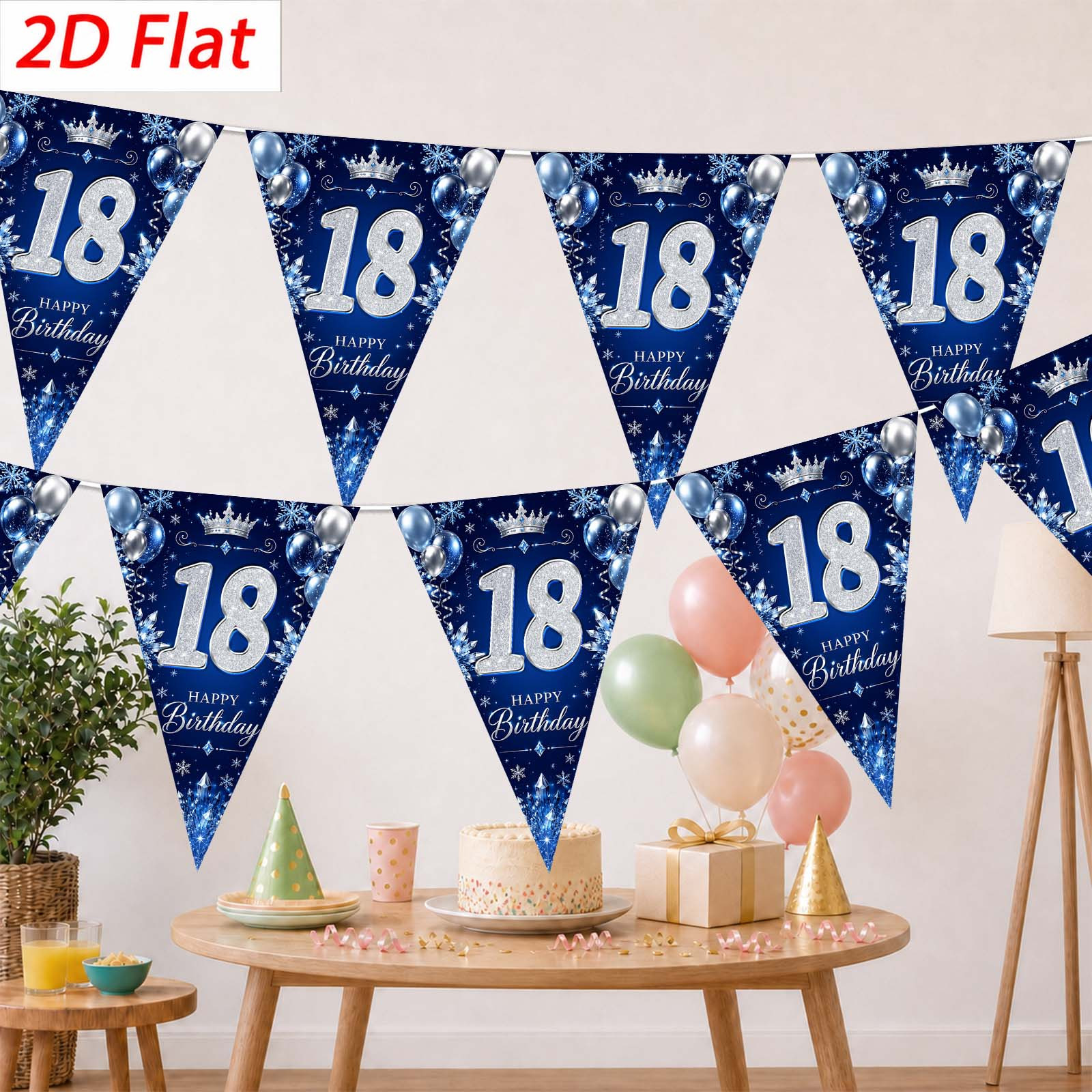 TEMU 2d Flat, 2d Flat Banner Party Pennant, 10pcs, Material, 18th Birthday Triangle Pennant Decoration, Blue And Silvery Combination, Birthday Theme