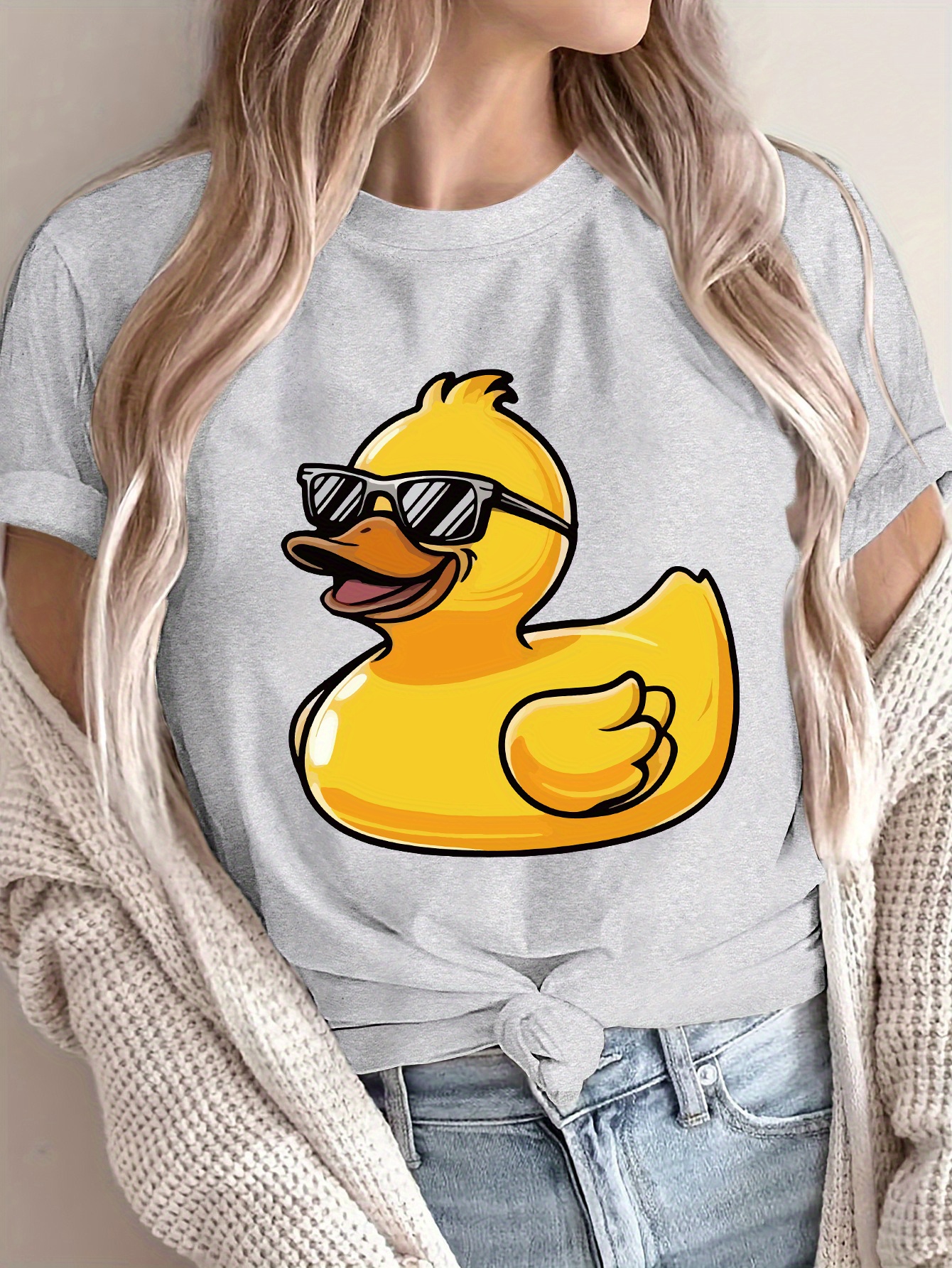 t-shirt casual rosa para mulheres com estampado de   de borracha e óculos de desenho animado -    , decote  , t-shirt de verão, top para   as  , roupa casual | estampa   |   confortável