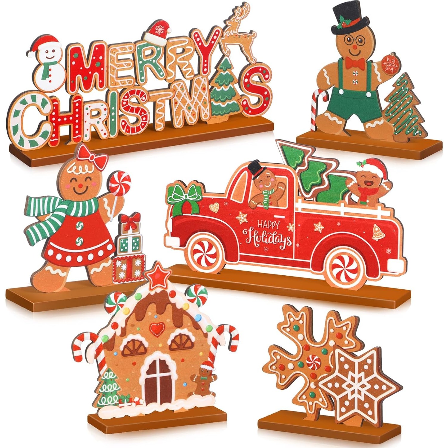 TEMU 6pcs Christmas Wooden Table Decorations Merry Christmas Sign Wood Table Centerpiece Gingerbread For Man Snowflake Centerpieces For Table Holiday