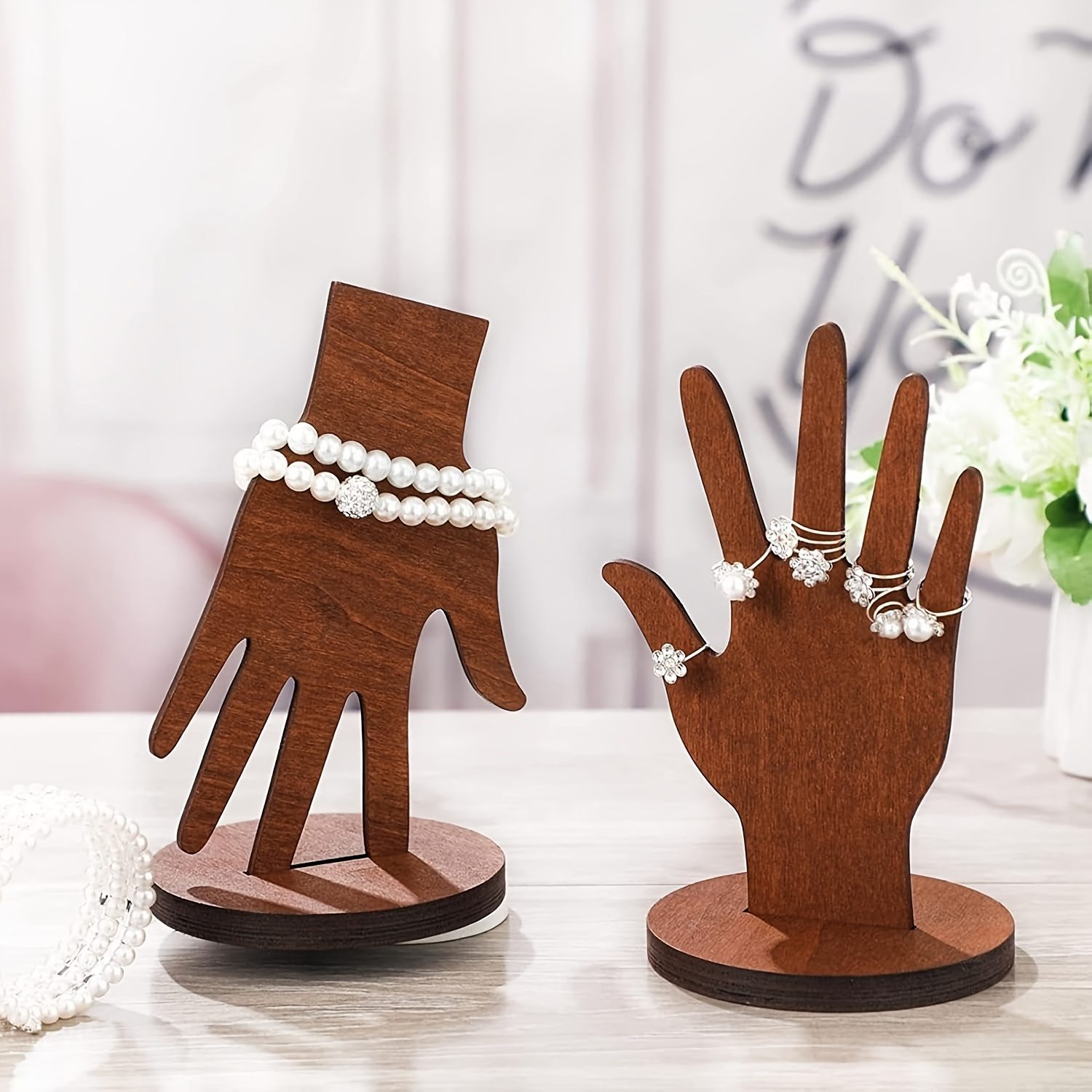 Image of 2 Sets Of Wooden Hand-shaped Jewelry Display Stands, Design Wall-mounted Or , High-end Wooden , Brown, Jewelry Tower, Jewelry Towers