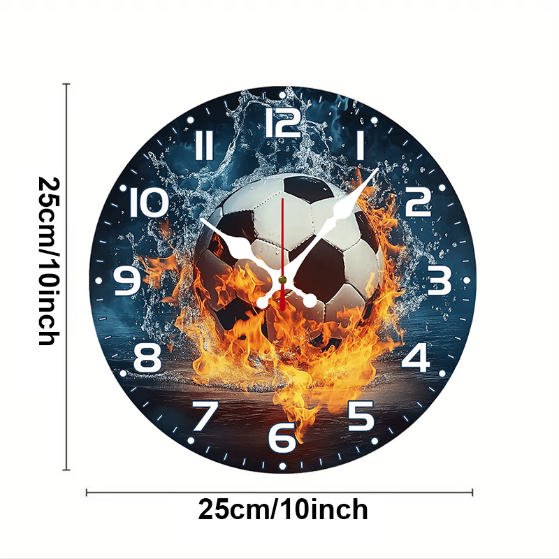 TEMU 2d Flat Clock, 1pc Themed Sporty Soccer Flame Water Dark, European & American Round Silent Wooden Wall Clock With Reliable Quartz Movement.