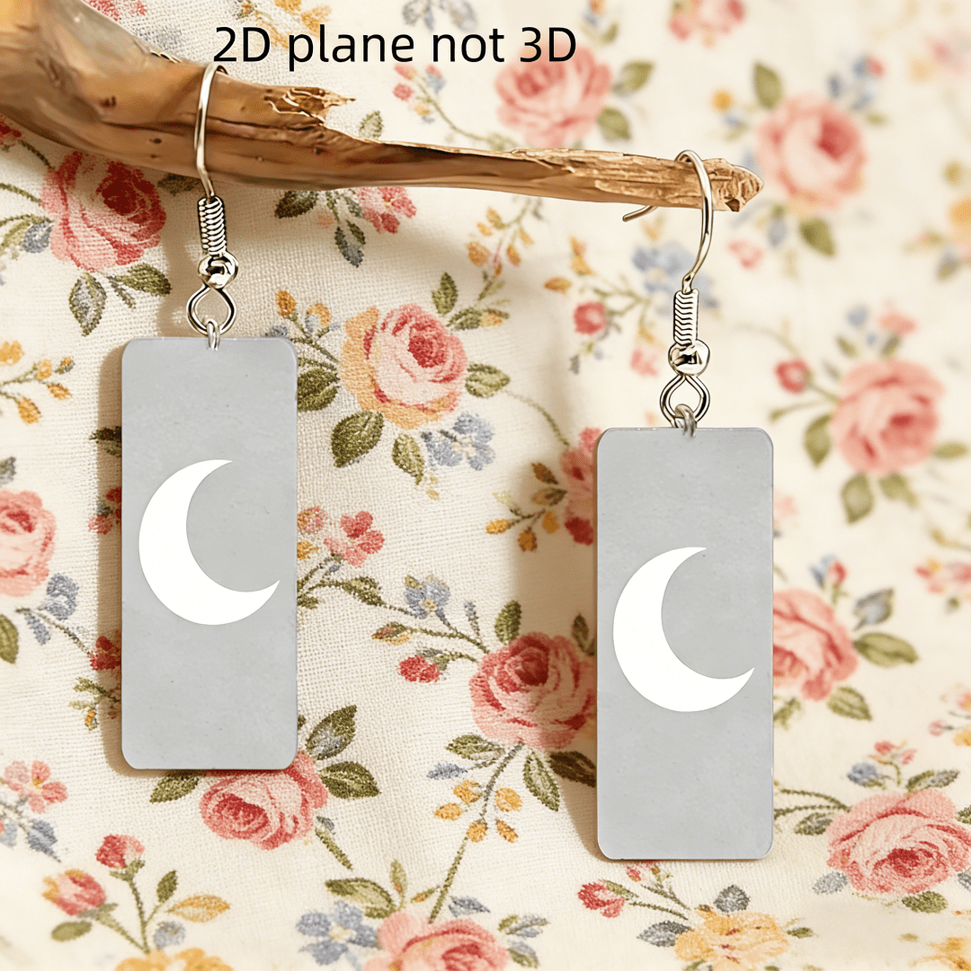 2D Flat Minimalist Crescent Moon Rectangle Dangle Earrings