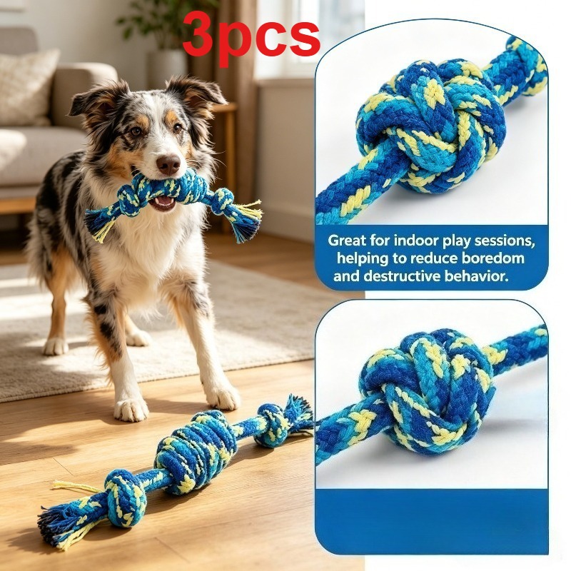 item picture 3pcs durable braided rope dog tug of   toy suitable for small medium and large dogs chew resistant teeth cleaning and teething toy interactive tug of   play toy for indoor living rooms and outdoor backyards pet chew rope supplies
