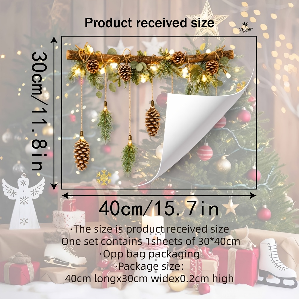 TEMU 1pc Hanging Pine Cone And Branch Christmas Static Window Cling, Realistic Branch Pendant With Golden Snowflake Pattern, Pvc Adhesive-free Static