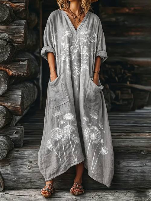 item picture womens bohemian style vintage printed v neck maxi dress loose fit with pockets casual vacation dress tea dress breathable and versatile for everyday wear