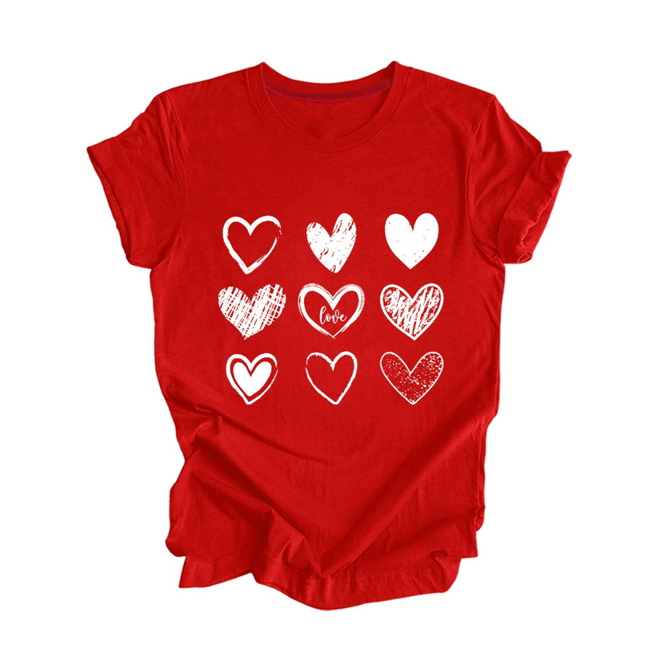 

1pc Valentine's Day Red Short Sleeve T-shirt, Casual Crew Neck With Heart Print, Polyester 60%, Spandex 5%, Rayon 35%, Knit Fabric Tee